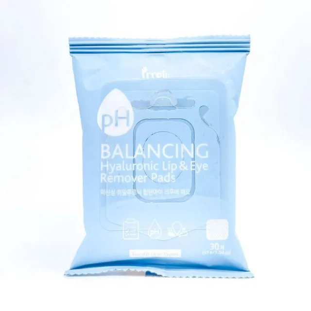 prreti Очищающие пэды для снятия макияжа с губ и глаз | 30шт(55г) | prreti pH Balancing Hyaluronic Lip and Eye Remover Pads