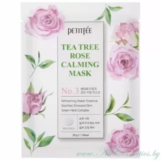 PETITFEE Тканевая маска для лица, успокаивающая кожу, с Чайным деревом и Розой | 25г | Tea Tree Rose Calming Mask