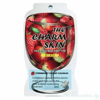 THE CHARM SKIN Маска-салфетка для лица и шеи, Strawberry Yogurt Collagen Клубничный йогурт и коллаген | 30мл | THE CHARM SKIN Face and Neck Mask Sheet Type, Strawberry Yogurt Collagen